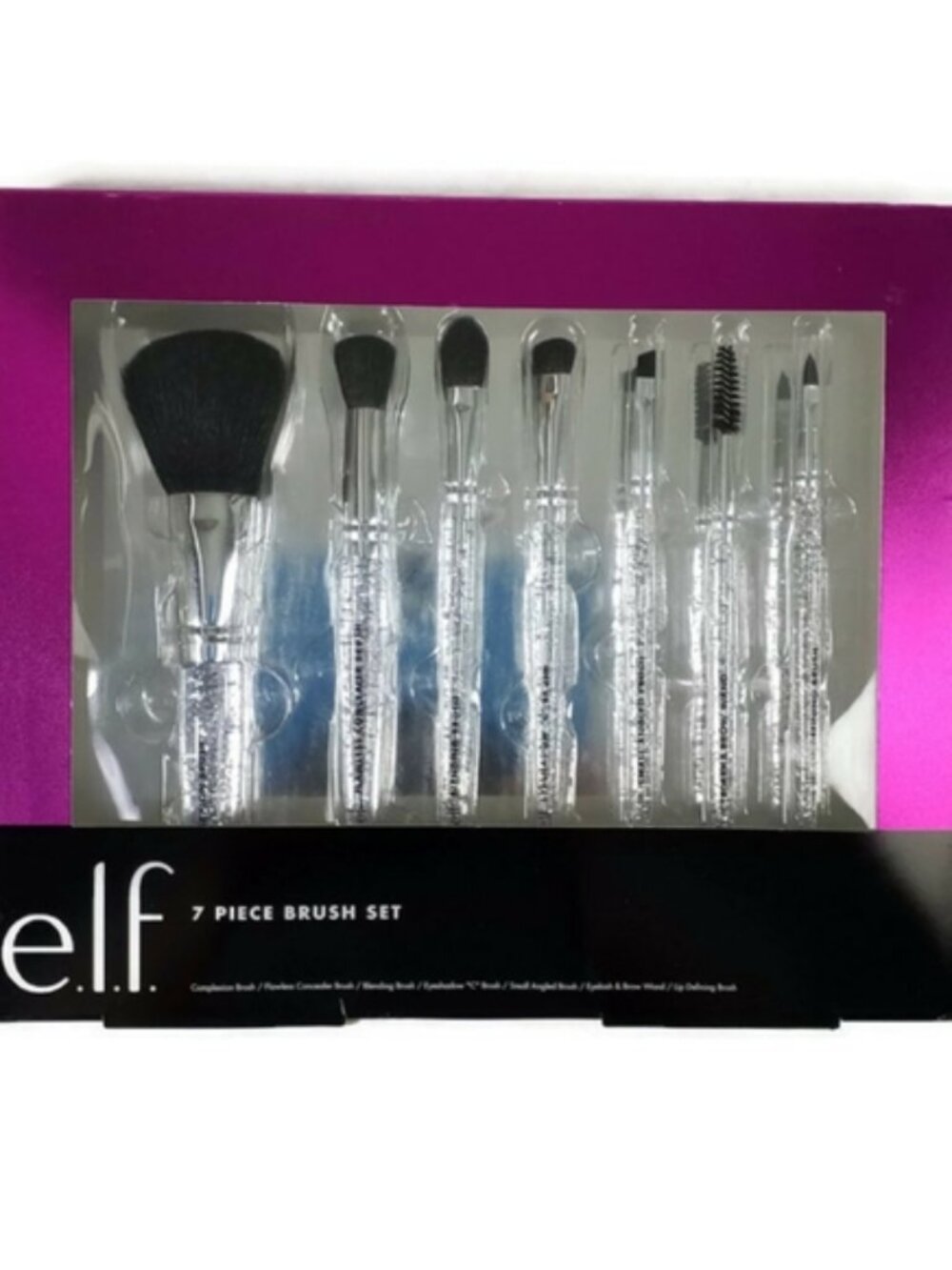 ELF 7 Piece Makeup Brush Set Clear Glitter Handles Cosmetic Brushes NIB